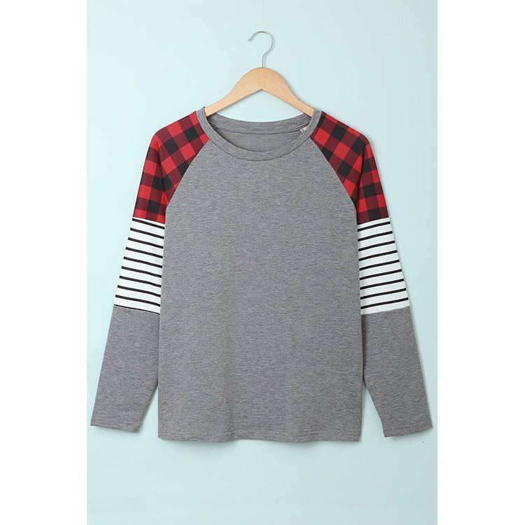 Women's Plaid & Striped Top w/ Color Matching, Long Sleeve.
