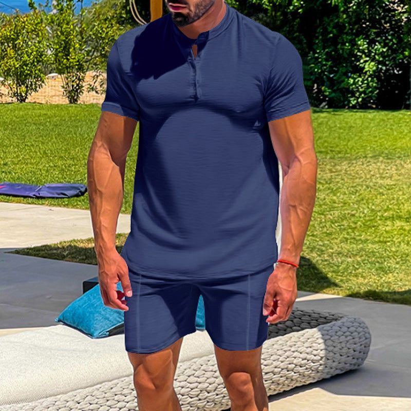 Men's Casual Athletic Solid Color Henley Two-Piece Suit - Jointcorp