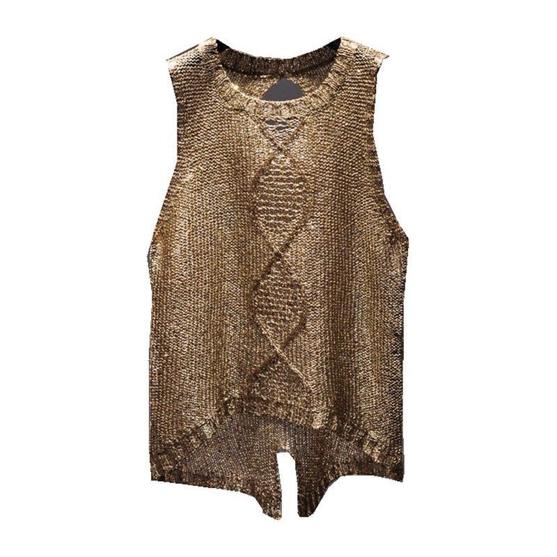 Hollow-out Crew Neck Split Sequin Sling Vest Sleeveless Top