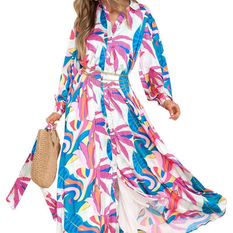 New Printed Dresses Long-sleeved Polo Collar Oversized Hem Dresses Women - Jointcorp