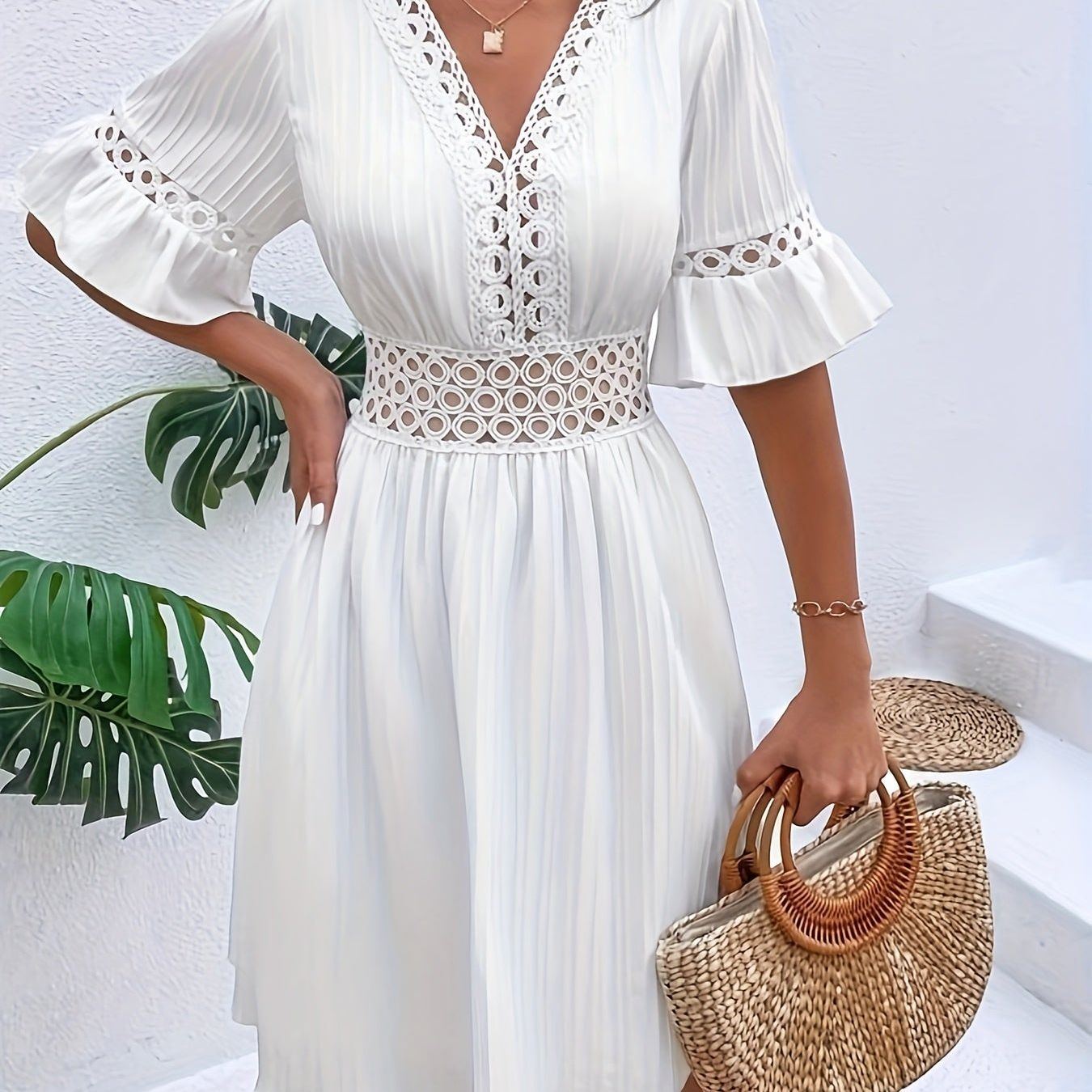 Hollow Out V Neck Dress, Elegant Short Sleeve Dress For Spring & Summer, Women's Clothing