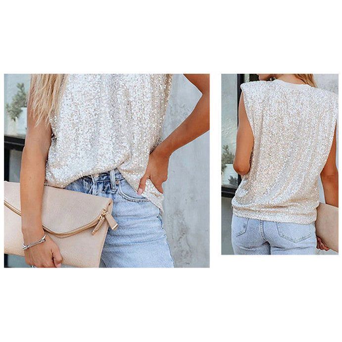Sequined Sleeveless Top Bottoming Padded Shoulder Women's Vest