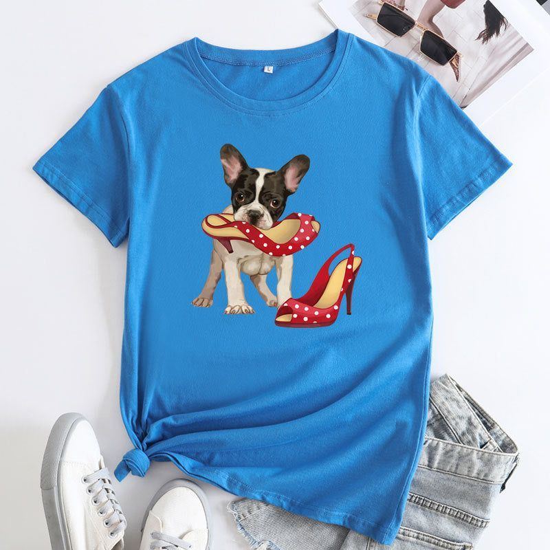 Loose And Cute Dog Print Pure Cotton Round Neck Short Sleeves