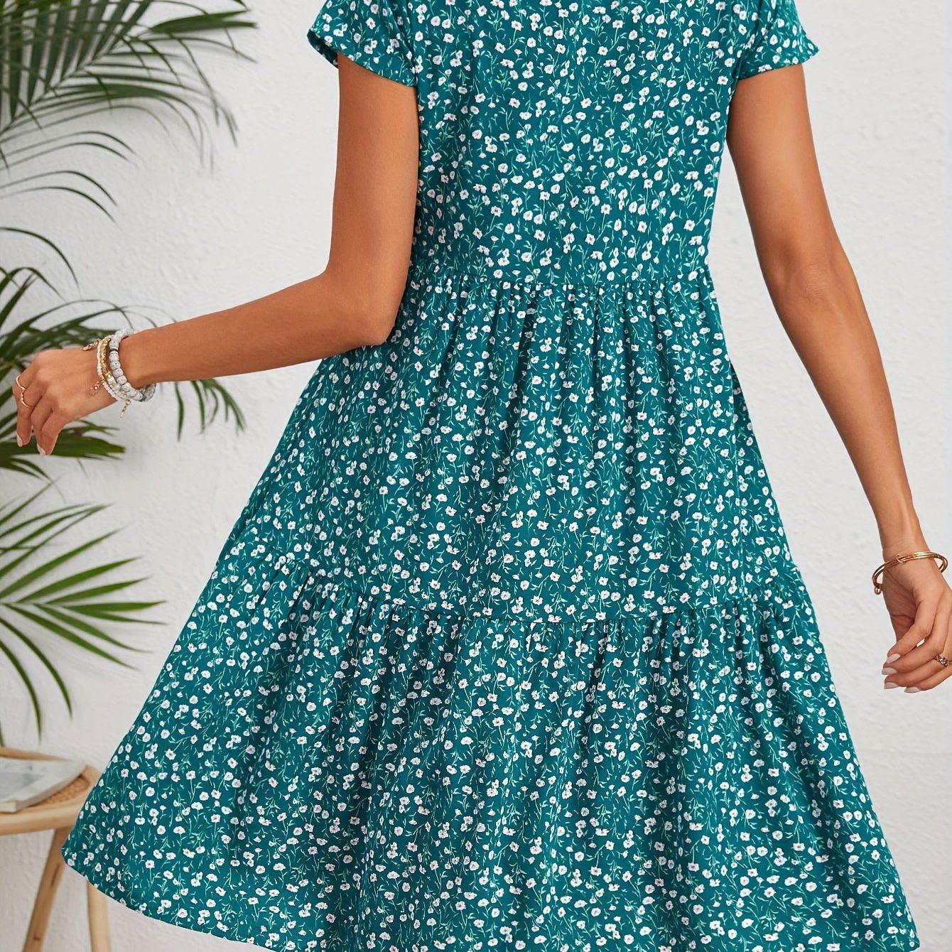 Floral Print Crew Neck Dress, Vintage Short Sleeve Dress For Spring & Summer, Women's Clothing