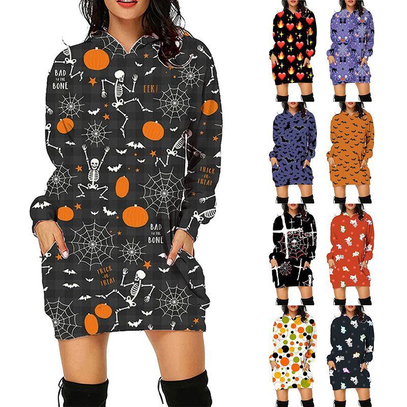 Halloween Print Long Hoodie With Pockets Sweater Long Sleeve Clothes Women - Jointcorp
