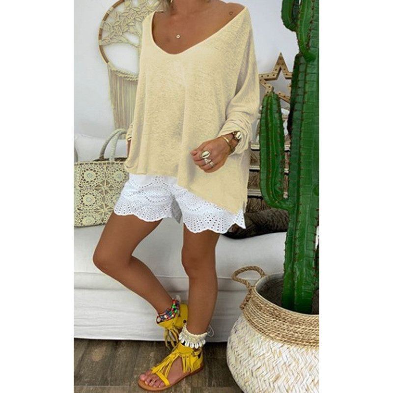 European And American Women's Clothing Solid Color Plus Size Versatile Loose Long Sleeves T-shirt