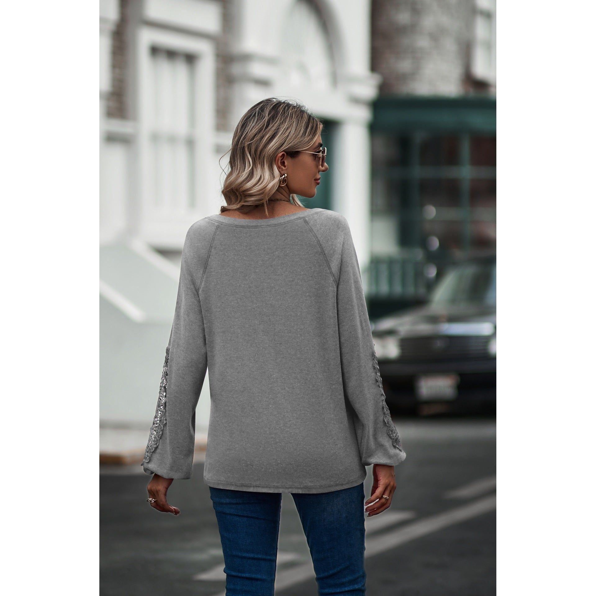 Loose Casual V-neck Lace Lace Long-sleeved