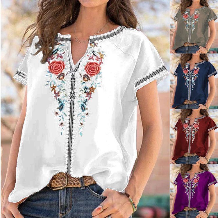 Summer New Ethnic Print Short Sleeve T-shirt Top Women