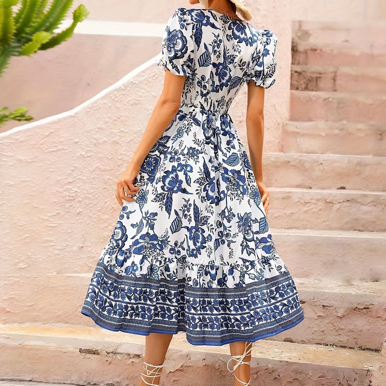Floral Print Surplice Neck A-line Dress, Elegant Short Sleeve Dress For Spring & Summer, Women's Clothing
