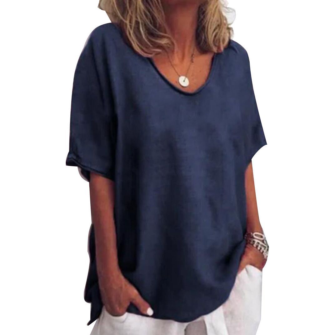 Cotton And Linen Solid Color Short-sleeved T-shirt Women's Casual Coat