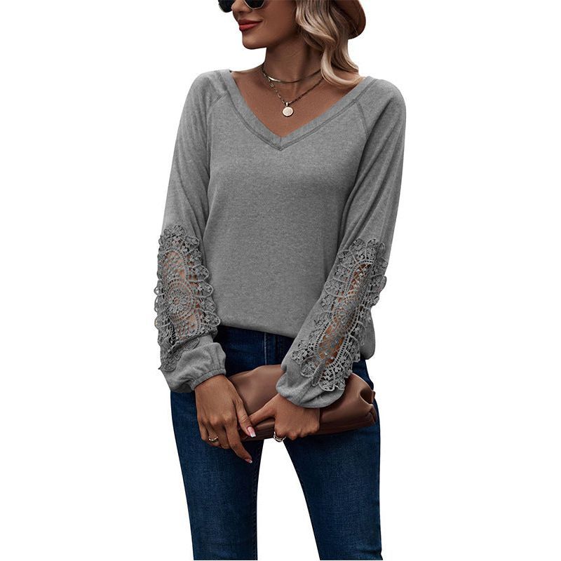 Loose Casual V-neck Lace Lace Long-sleeved