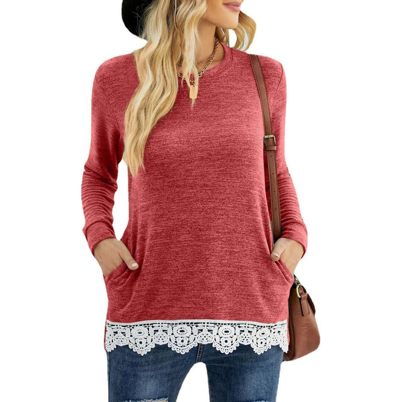 Round Neck Loose Leisure Pullover Pocket T-shirt Lace Stitching Coat