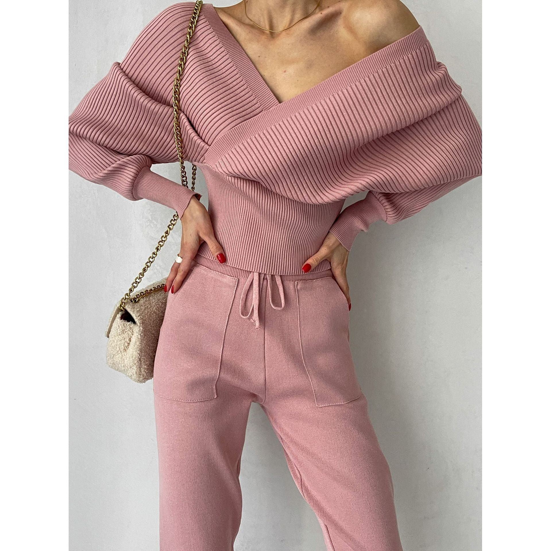 Leaky Shoulder Bat Sleeve V-neck Foreign Style Knitted Sweater Two-piece Set - Jointcorp