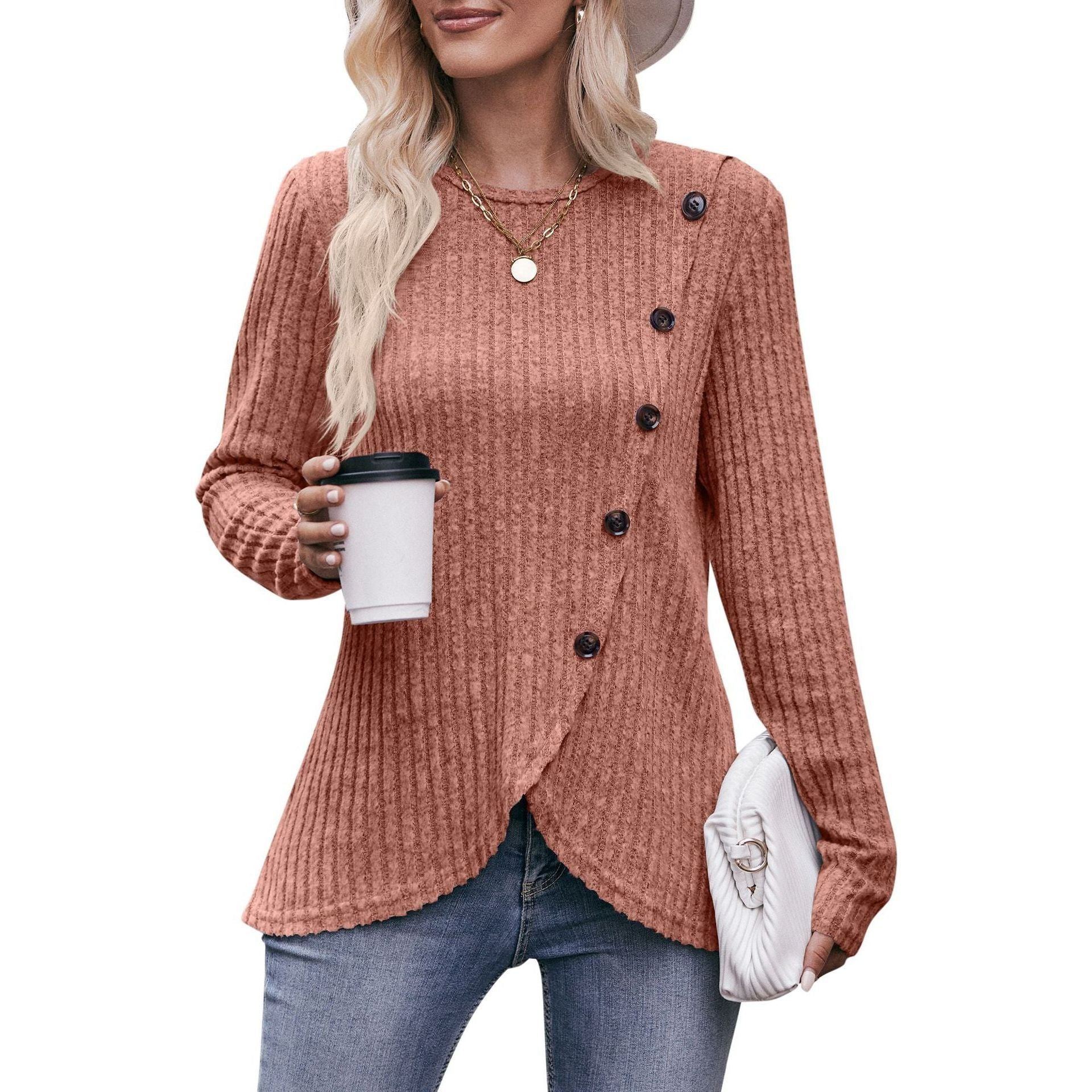 Women's Round-neck Sunken Stripe Brushed Tulip Hem Solid Color Button T-shirt