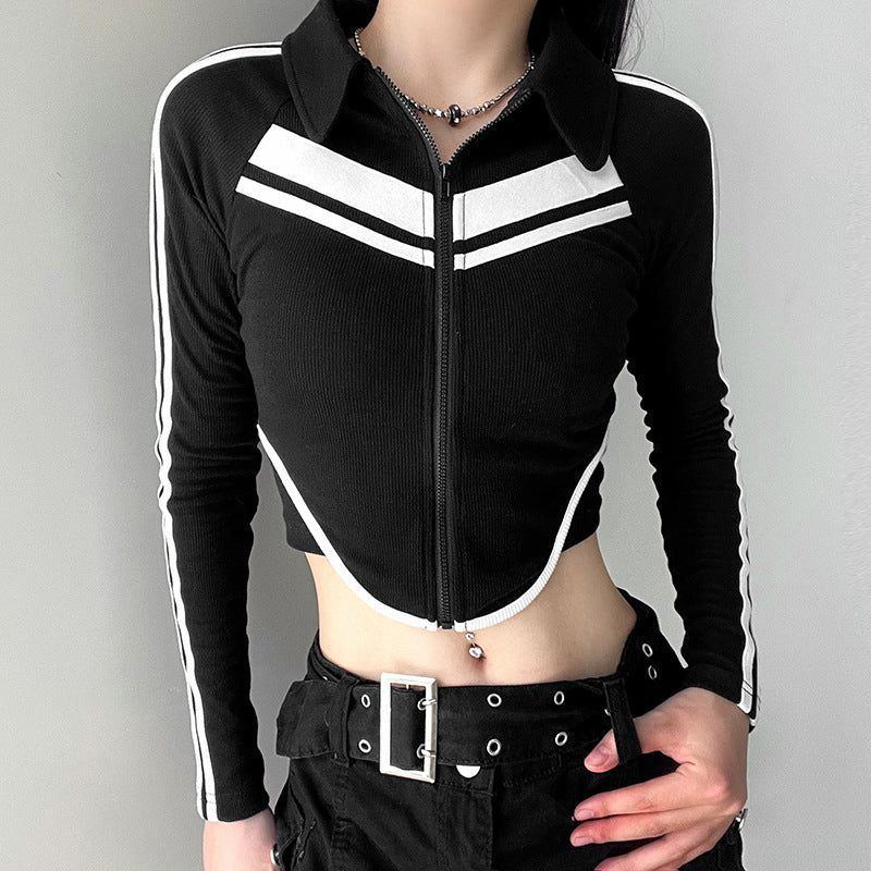 Sweet And Spicy Style Polo Collar Striped Short Stitching Coat Zipper Cardigan Long-sleeve T-shirt