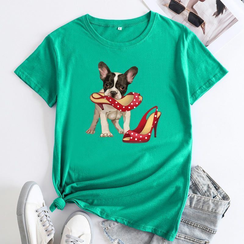 Loose And Cute Dog Print Pure Cotton Round Neck Short Sleeves
