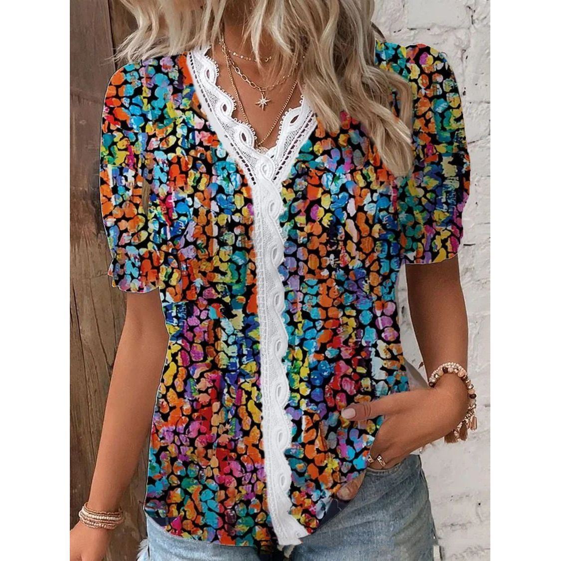 V Neck Lace Short Sleeve Printing For Fashion