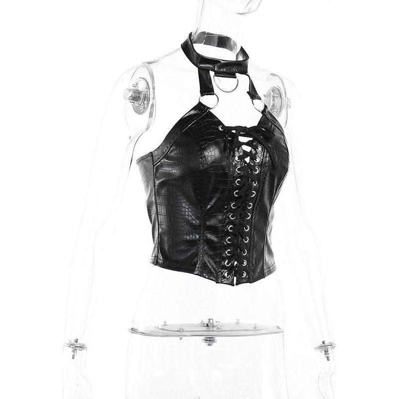 Street Hot Girl Halter Top Sexy Lace-up Vest Pu Leather Dark Style