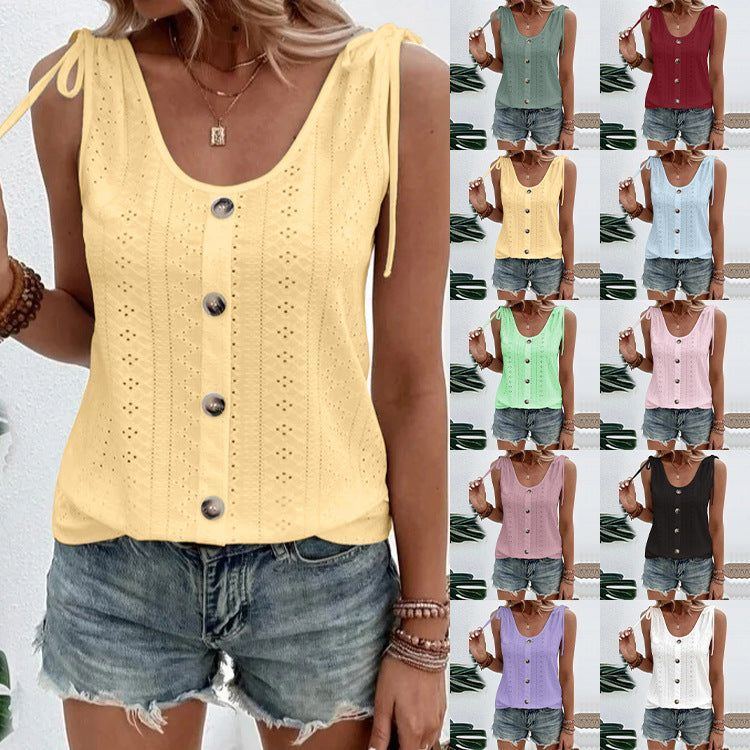 Casual Solid Color U-neck Vest Women Shoulder With Bow Tie Tops Summer T-shirt - Jointcorp