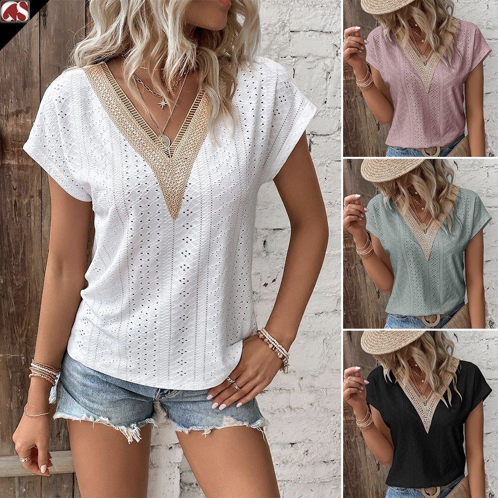 V-neck Lace Patchwork Jacquard T-shirt Loose Ladies