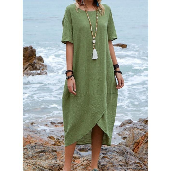 Women Maxi Dress Neck Pocket Summer Loose Casual Baggy Robe Female Retro Long Dresses - Jointcorp