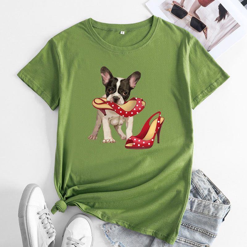 Loose And Cute Dog Print Pure Cotton Round Neck Short Sleeves