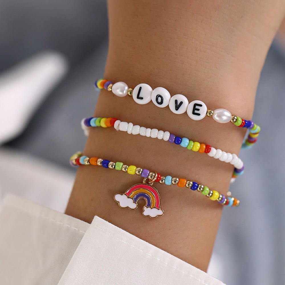 Bohemian Bead Letter LOVE Rainbow Pendant Three-piece Bracelet - Jointcorp
