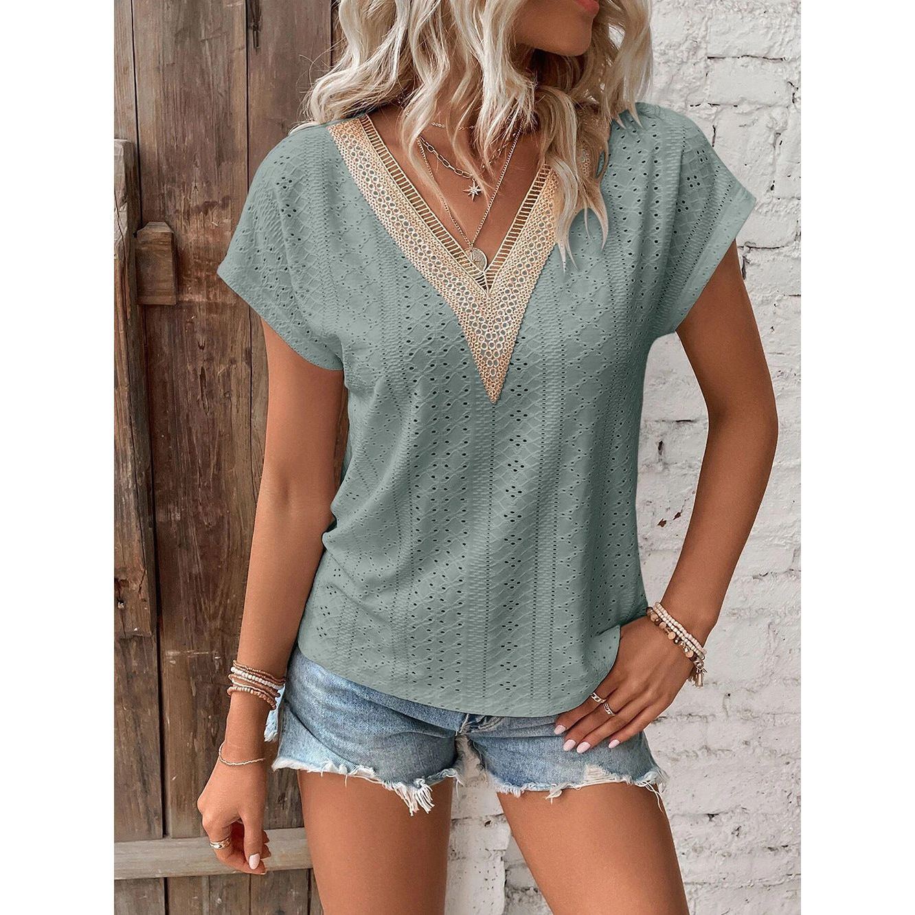 V-neck Lace Patchwork Jacquard T-shirt Loose Ladies