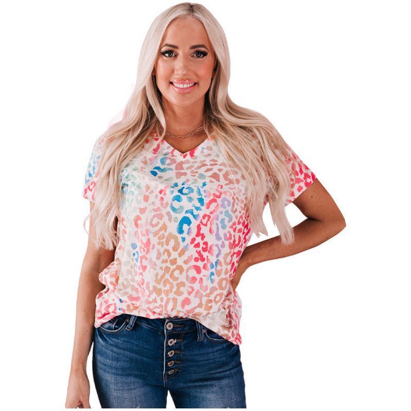 Leopard Print Contrast Color T-shirt Women's Pullover Top