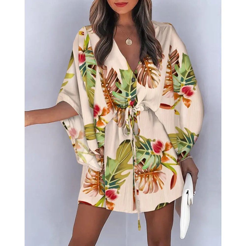 Women's V-Neck Tie Printed Beach Dress - Jointcorp