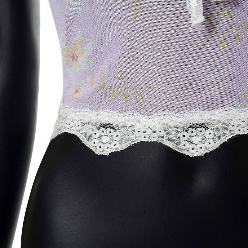 Sleeveless Printed Lace Umbilicus Lace-up European And American Women's Blouse