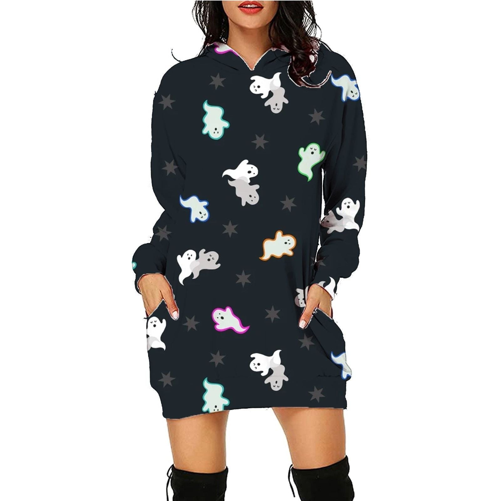 Halloween Print Long Hoodie With Pockets Sweater Long Sleeve Clothes Women - Jointcorp