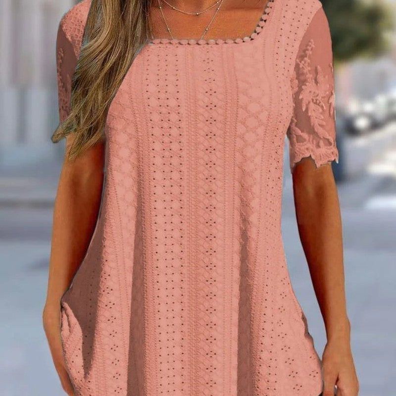 Summer New Square Neck T-shirt Hole Hollow-out