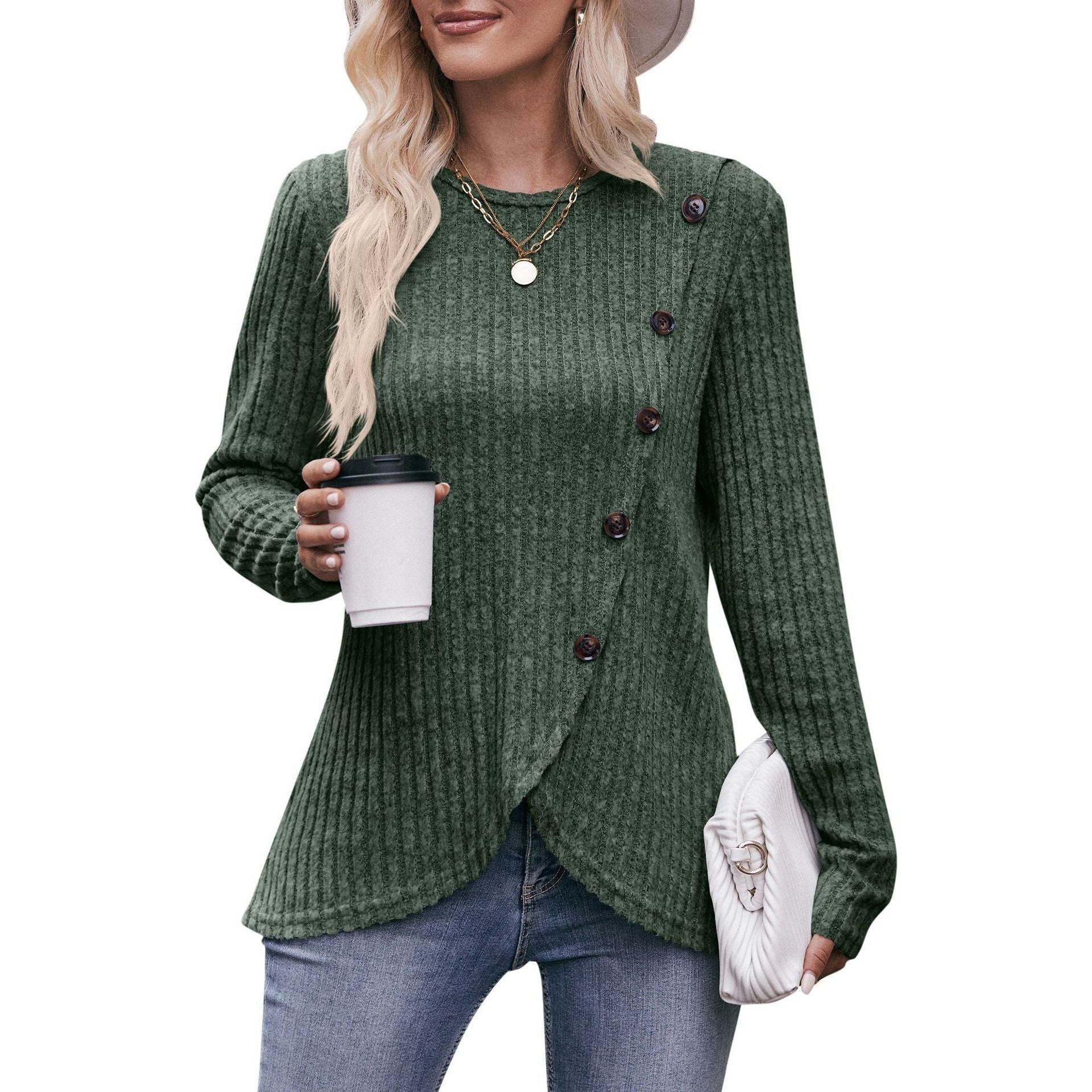 Women's Round-neck Sunken Stripe Brushed Tulip Hem Solid Color Button T-shirt