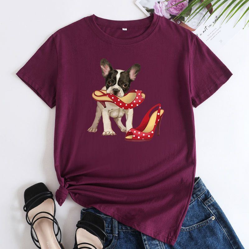 Loose And Cute Dog Print Pure Cotton Round Neck Short Sleeves