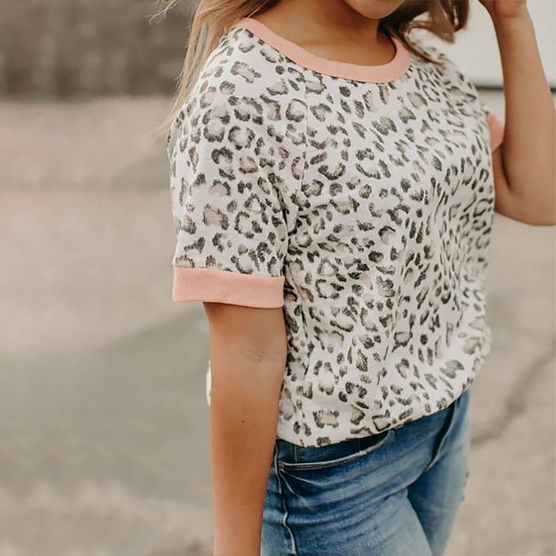 Leopard Print Contrast Color Round Neck Short-sleeved Casual T-shirt
