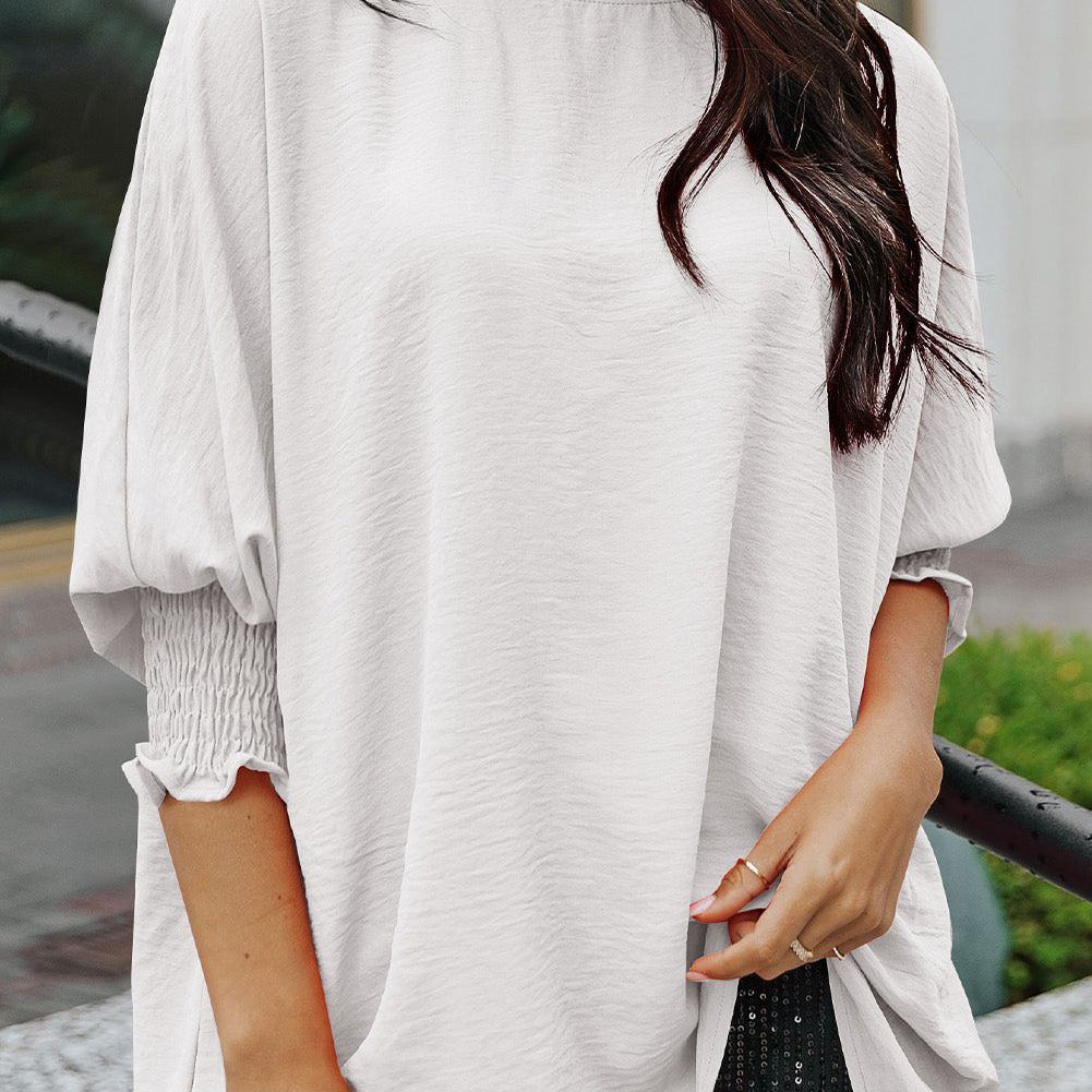 White Plain & Casual Shirred Cuffs Half Sleeve Top