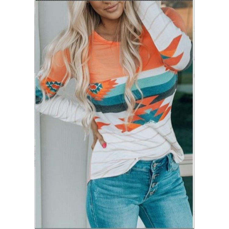 Women's Printed Round Neck Knitted Long-sleeved Top T-shirt