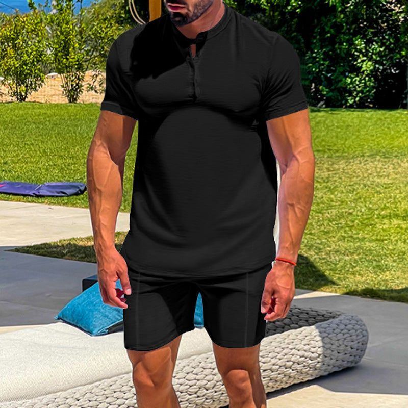 Men's Casual Athletic Solid Color Henley Two-Piece Suit - Jointcorp