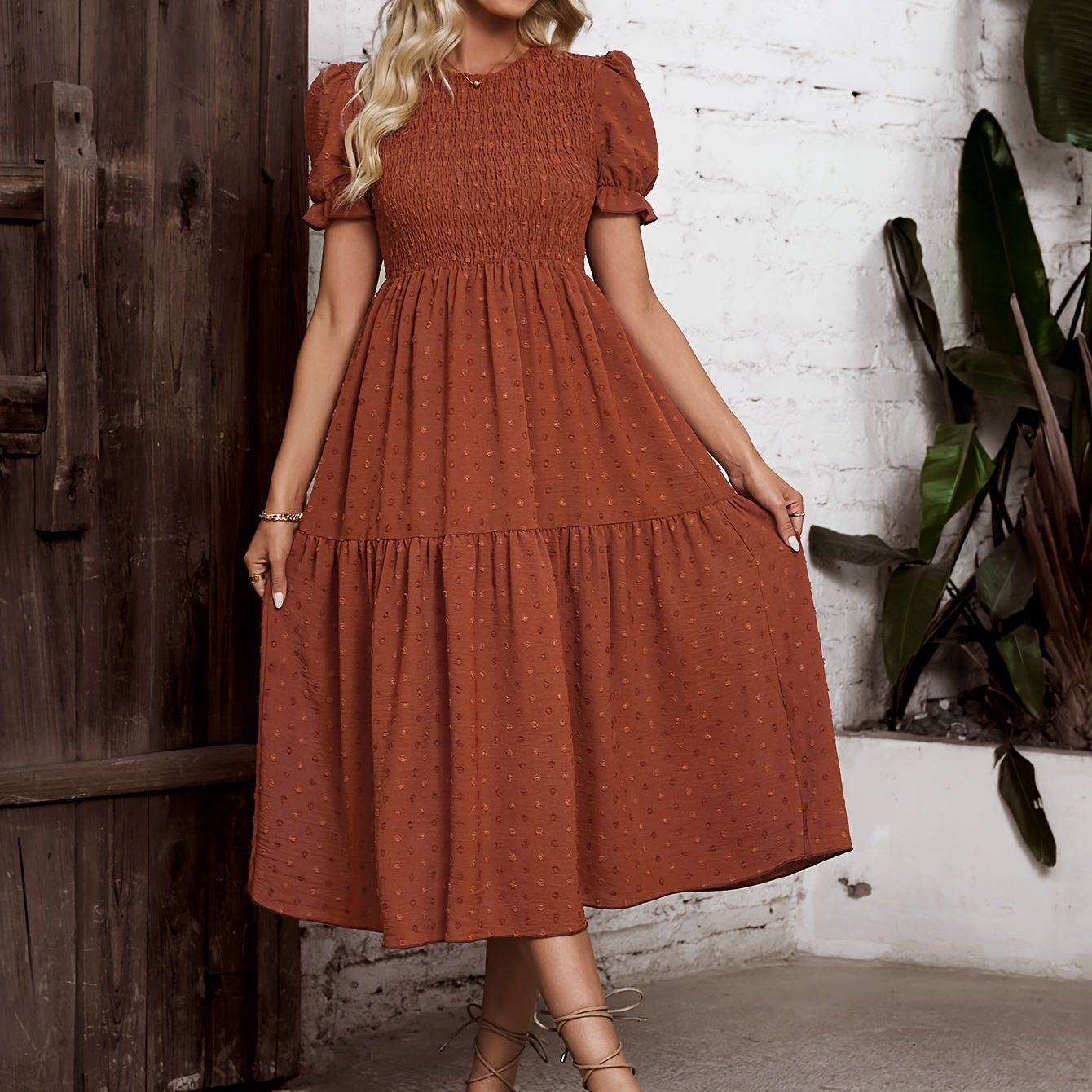 Shirred Ruffle Hem Dress, Elegant Short Sleeve Dress For Spring & Summer, Women's Clothing Wedding graduation engagement occasion ceremony party holiday vacation birthday