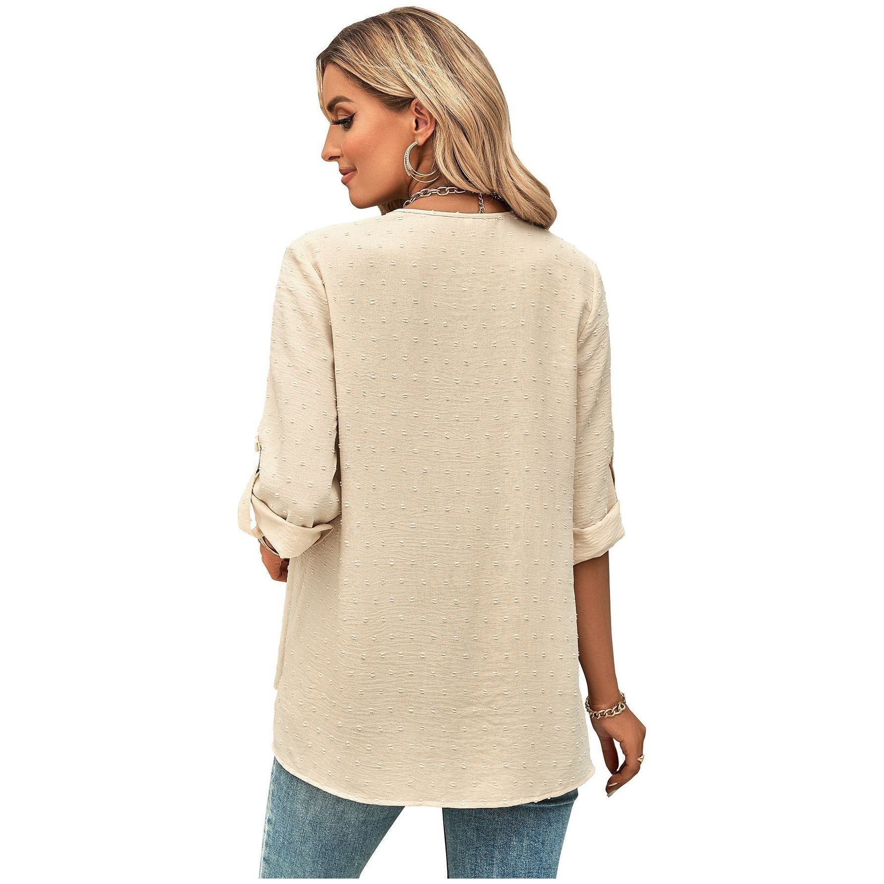 Spring And Summer Women's Clothing Fashion Solid Color Loose V-neck 34 Sleeves Top