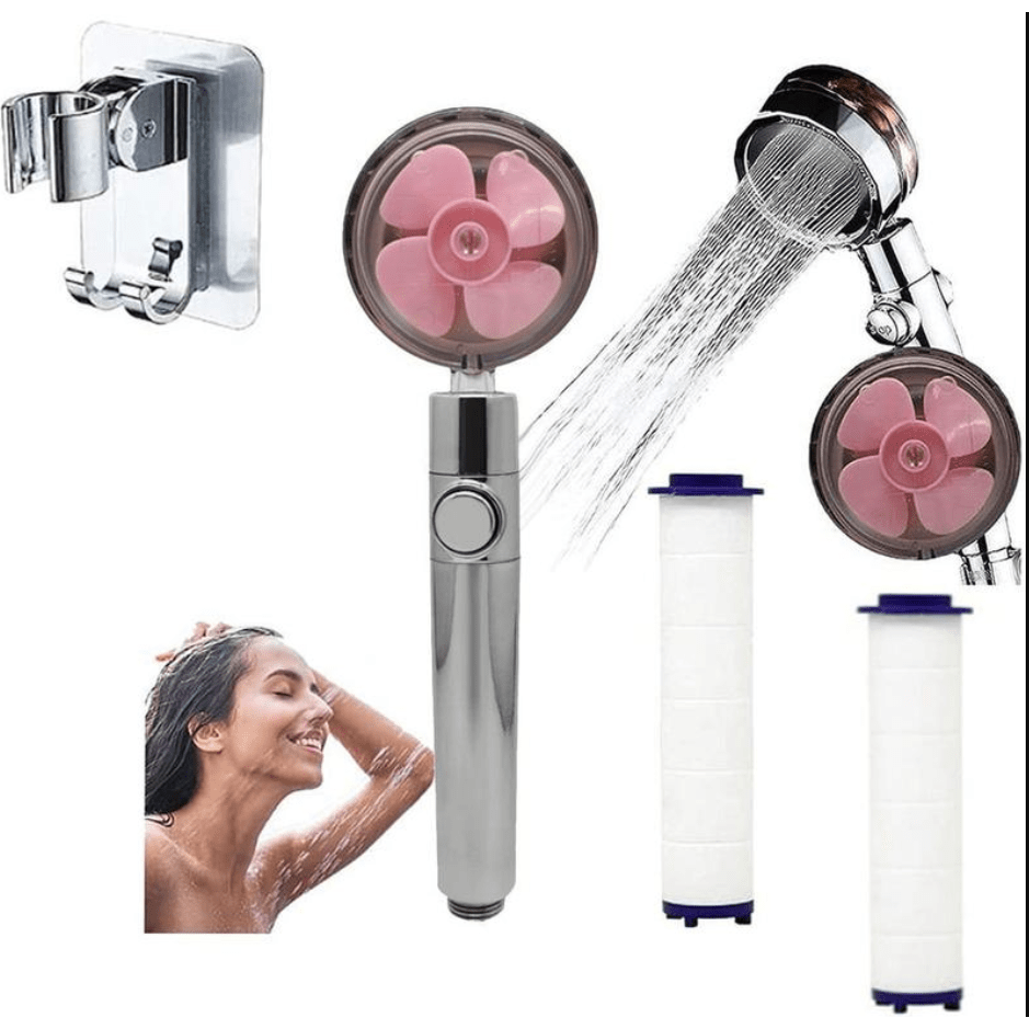 Propeller Driven Shower Head With Stop Button And Cotton Filter Turbocharged High Pressure Handheld Shower Nozzle