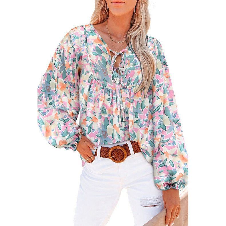 Women's New V-neck Casual Floral Lace-up Shirt Top - Jointcorp