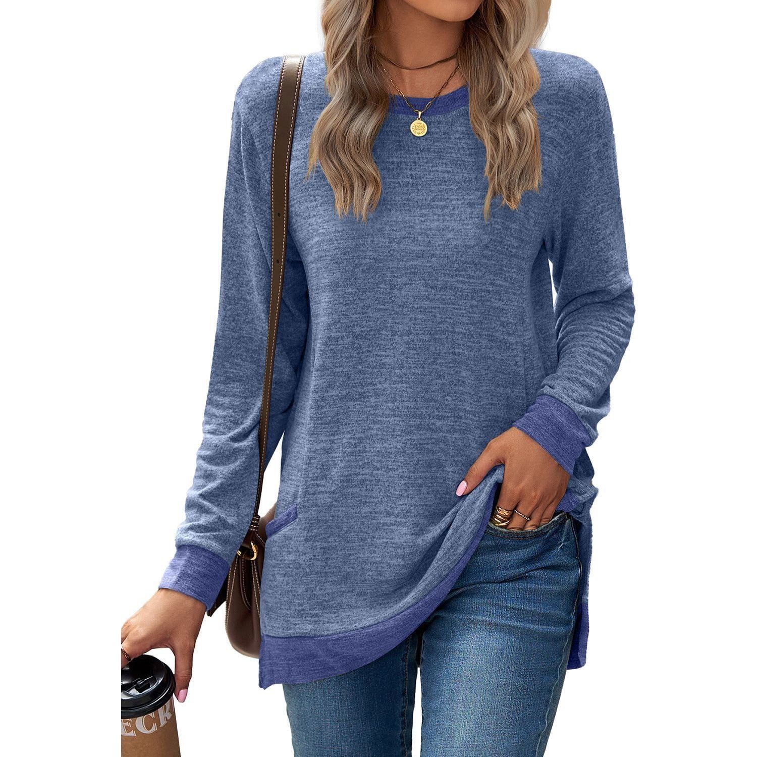 Round Neck Multicolor Pocket Long Sleeve Pullover Top Loose-fitting Casual T-shirt