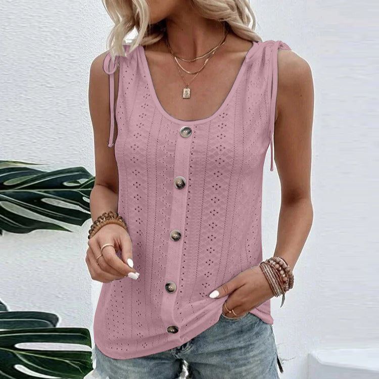 Casual Solid Color U-neck Vest Women Shoulder With Bow Tie Tops Summer T-shirt - Jointcorp