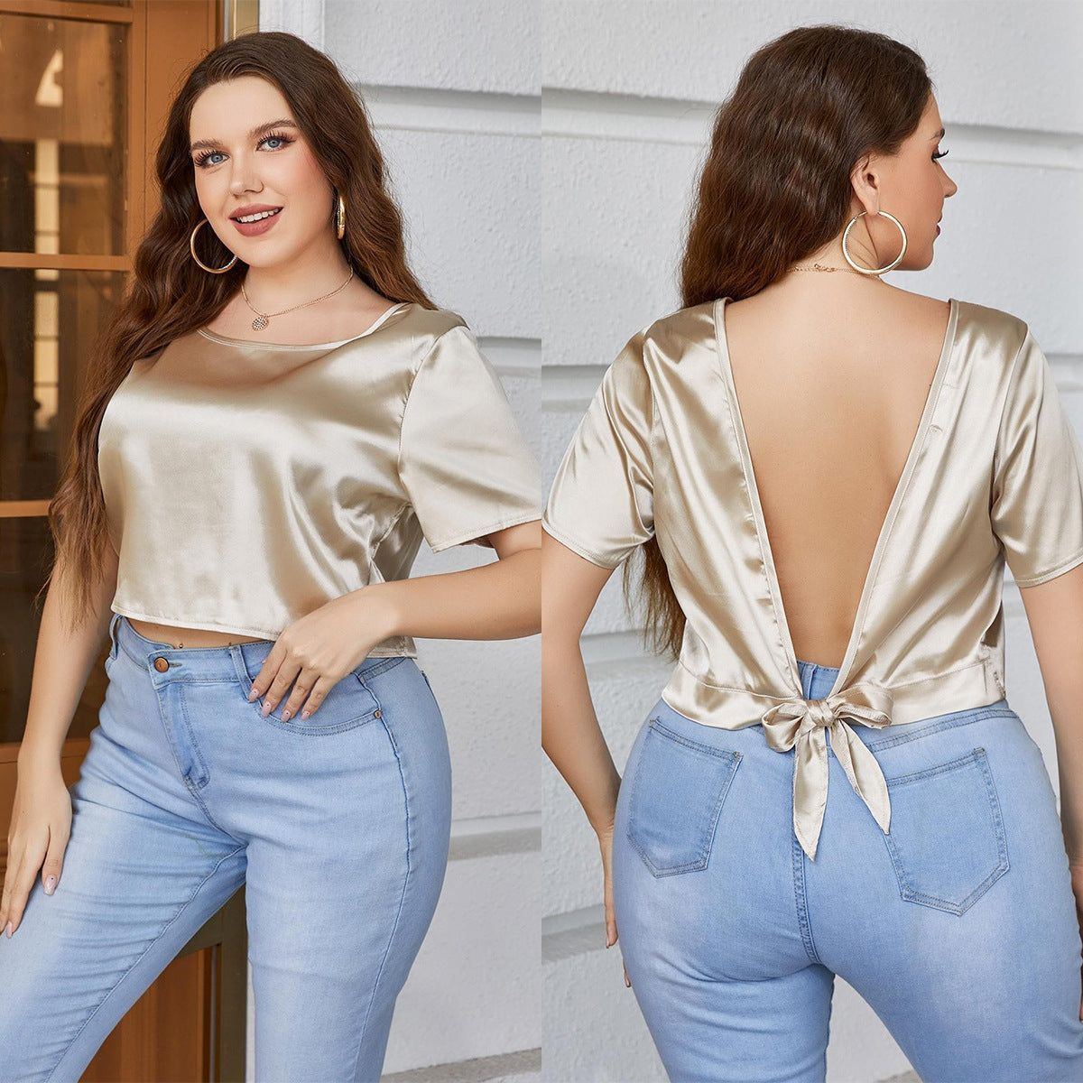 Women's Summer Short-sleeved Solid Color Backless Top T-shirt - Jointcorp