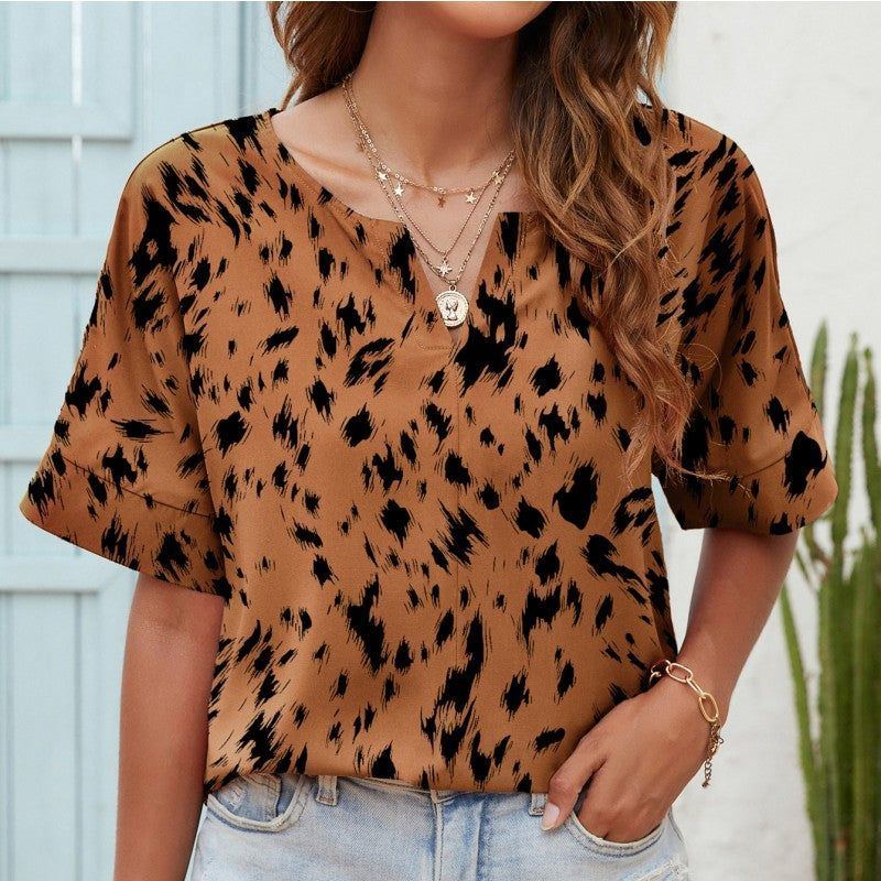 Printed V-neck Short-sleeved Casual Top T-shirt For Women - Jointcorp