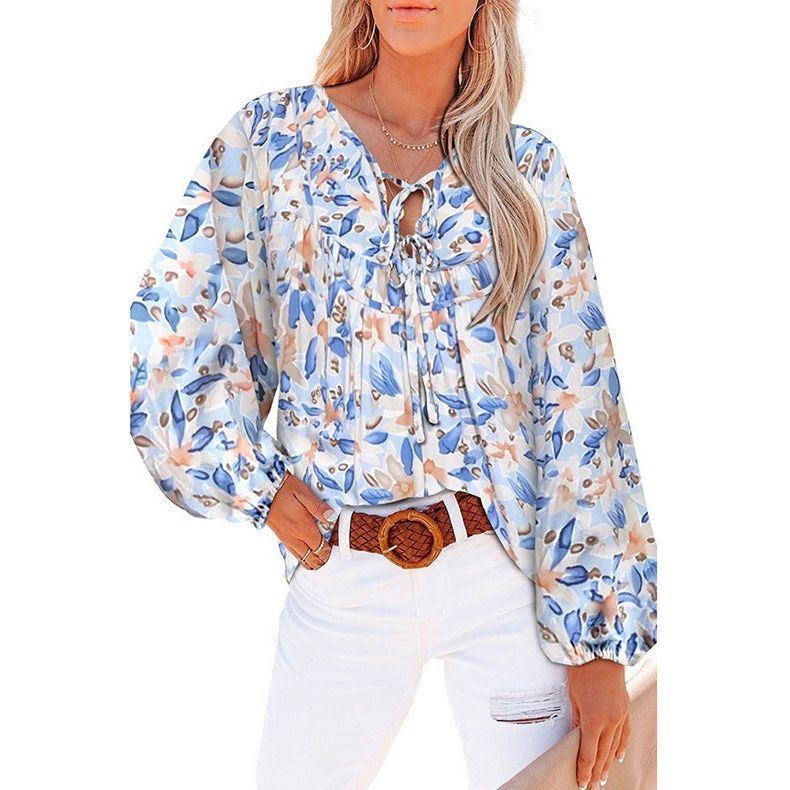 Women's New V-neck Casual Floral Lace-up Shirt Top - Jointcorp