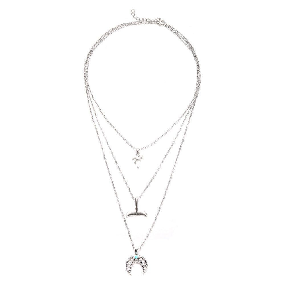 Retro Whale Tail Geometric Moon Turquoise Beach Coconut Necklace - Jointcorp