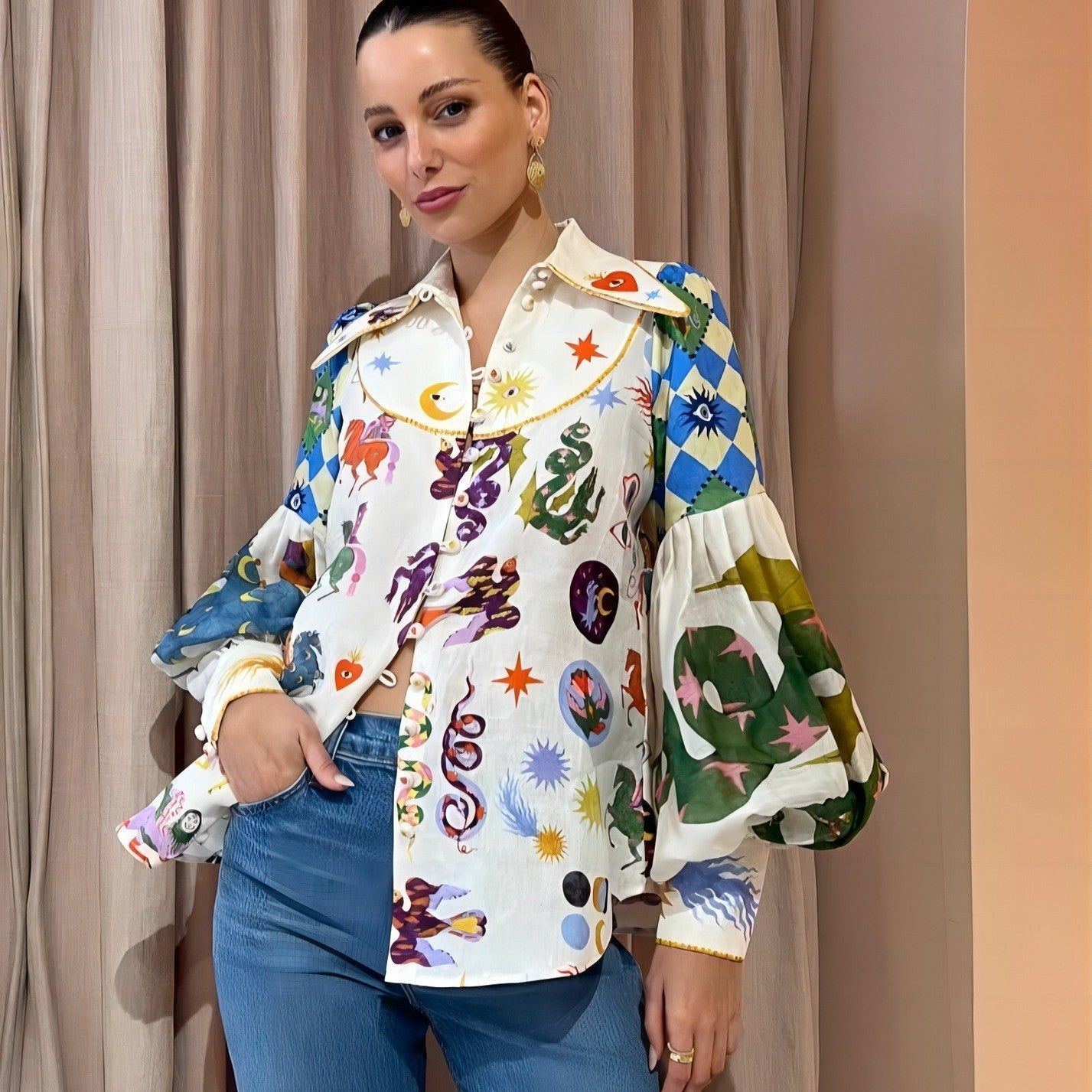 Personalized Graffiti Printing Lapel Lantern Sleeve Cardigan Shirt - Jointcorp